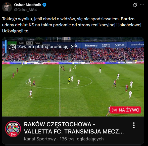 WOW! Tylu widzów NA ŻYWO oglądało mecz Raków - Valletta na Kanale Sportowym! O.o